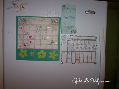 This is my home headquarters. A regular calendar to the left (with details for the month), my fancy meal planner on the right (with details for the week), and an official grocery list above it all. (Gosh, this looks so teacher-y.)