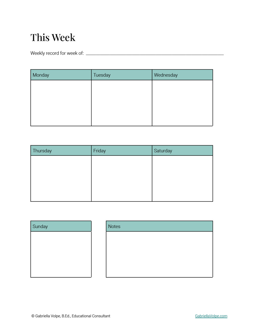 Page 5 of the Homeschool Planner PDF by Gabriella Volpe