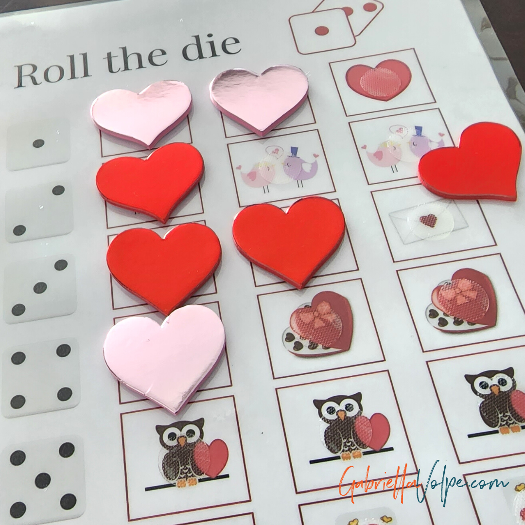 Valentine board game in play with heart tokens