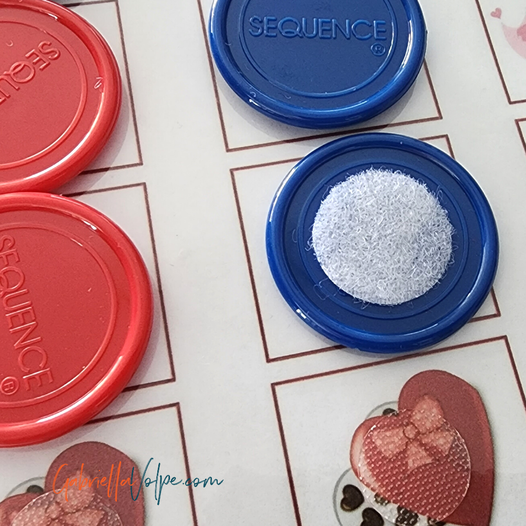 Loop and hook dots on tokens for Valentine board game