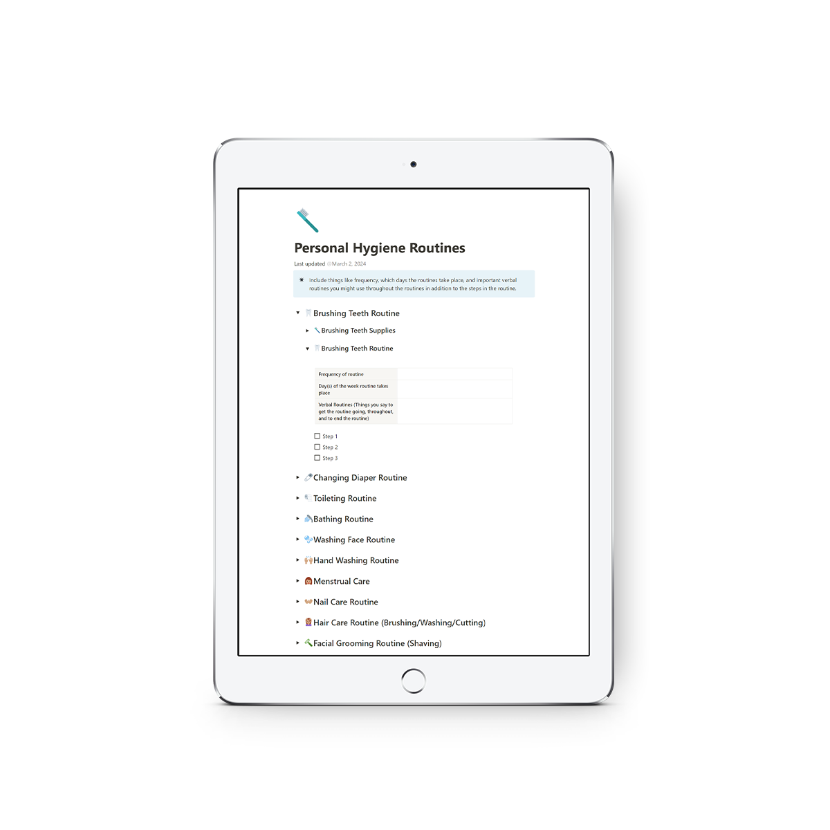 Mockup of a page from the Notion template of the Caregiver Resource Planning Group