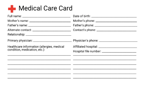 Screenshot of Medical Care Card template 