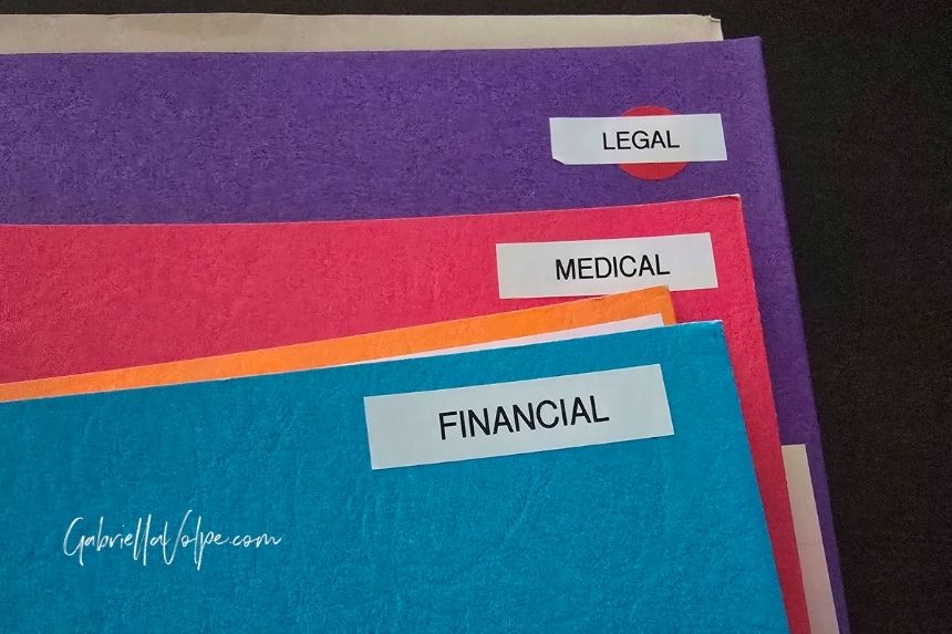 Labeled folders used to organize transition to adulthood paperwork